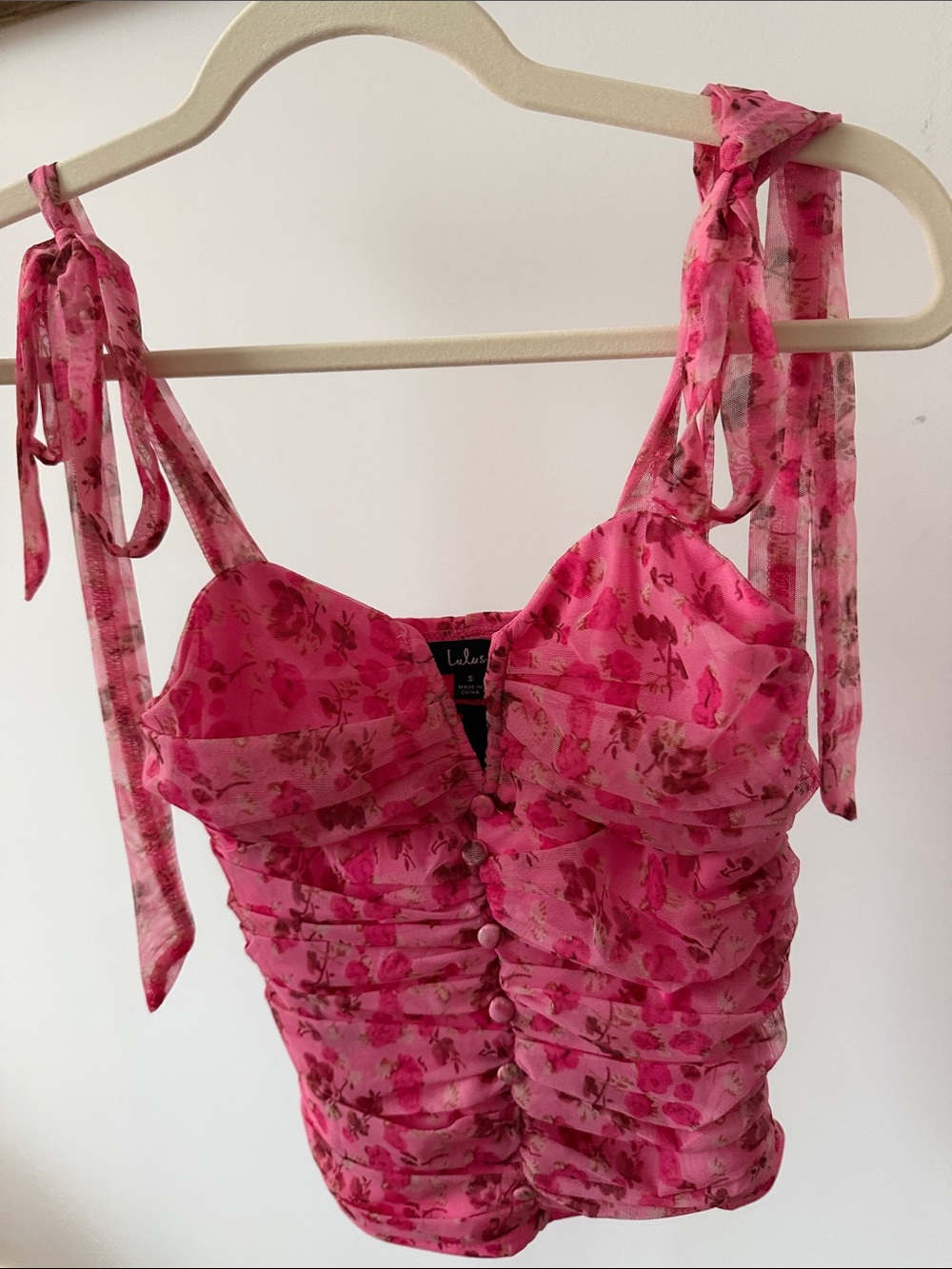 Lulu's Hot Pink Floral Ruched Tie-Strap Tank